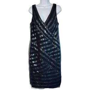Tadashi Shoji Crisscross Sequin Mesh Overlay Cocktail Dress‎ Blue Size 14 Party